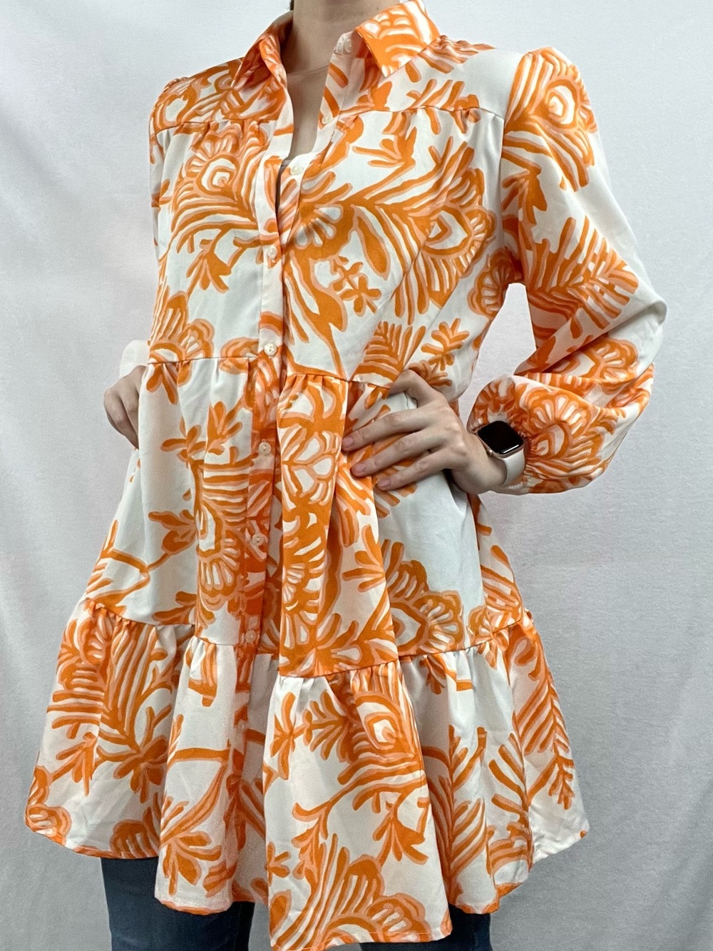 Women's Orange Floral Tiered Long-Sleeve Shirt Dress